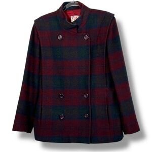 Vintage 80s‎ Mister Leonard Pea Coat Plaid Tartan Dark Red Blue Green Size 8